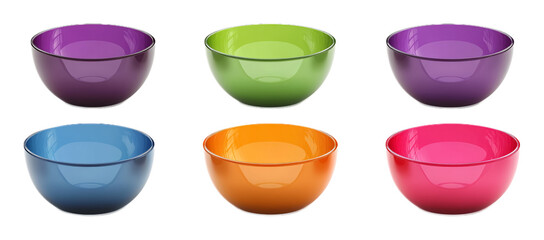 Different colors of bowls on a white background. isolated background.