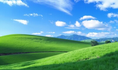 Obraz premium Green grassy hills under blue sky with white clouds.
