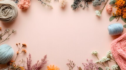 Pastel yarn, dried flowers frame, pink background, crafting space, DIY project