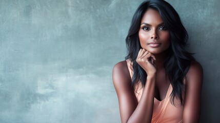 A Woman With Dark Hair Poses Against A Textured Wall