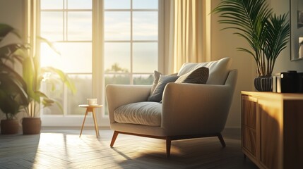 Modern Armchair in Sunlit Living Room Interior