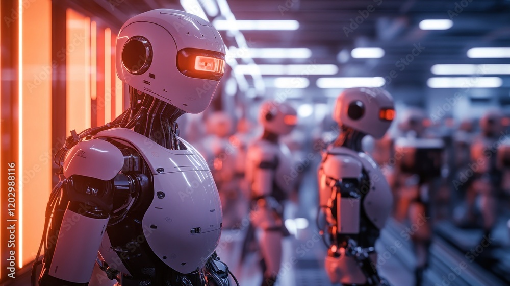 Poster Advanced Robots Line Up In Futuristic Factory Setting