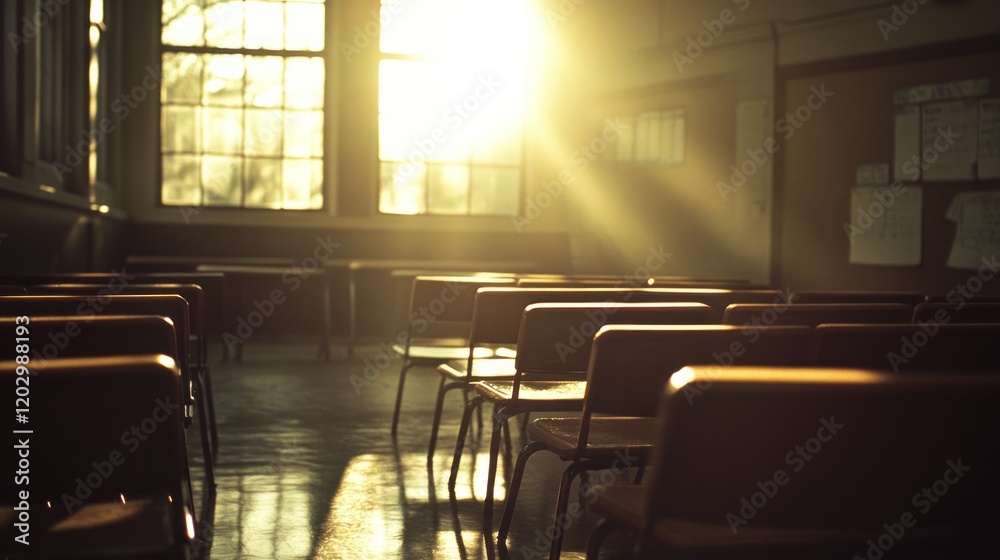 Poster Sunlit Classroom Empty Chairs Waiting For Students
