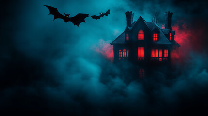 Halloween Background with Spooky Haunted House, Fog, and Bats in Dark Eerie Color Scheme for a Touch of Mystery and Fun