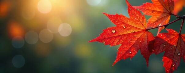 Fototapeta premium Water droplets on glass with vibrant autumn leaves, colors, orange