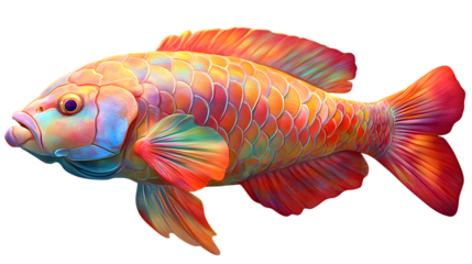 A colorful parrotfish with shimmering scales floating as if underwater, occupying 55 percent of the frame on a transparent background 