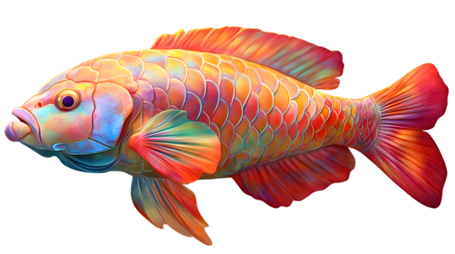 A colorful parrotfish with shimmering scales floating as if underwater, occupying 55 percent of the frame on a transparent background 