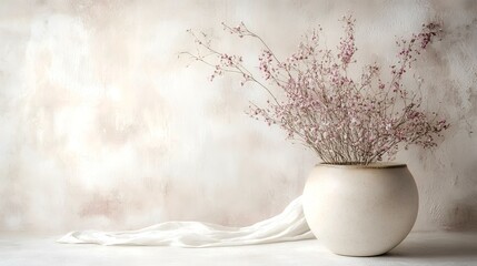 Dried flowers vase, textured wall, fabric, still life photography, home decor