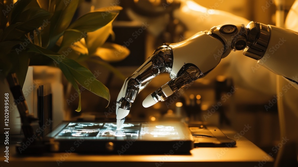 Poster Robotic hand interacts with illuminated digital interface