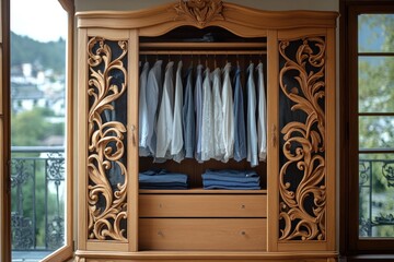 Ornate wooden wardrobe, neatly arranged clothing.
