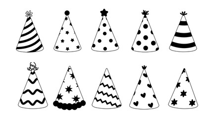 Variety of black and white party hats with different patterns showcased in a simple layout