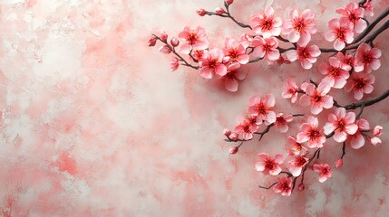 Obraz premium Pink cherry blossoms branch on pink textured background, spring floral design, website header