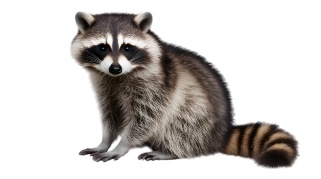 A curious raccoon sitting upright with its masked face and ringed tail prominently visible, occupying 55 percent of the picture on a transparent background 
