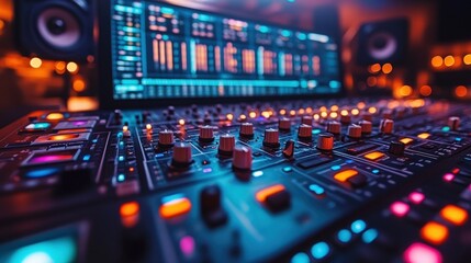 Studio music production console, mixing, audio, night, recording