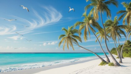 Tropical paradise beach with crystal clear water and swaying palm trees