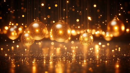 Obraz premium Golden Christmas Ornaments Hanging With Sparkling Lights