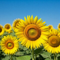 A vibrant sunflower in full bloom with bright yellow petals and a detailed brown center against a clear blue sky. Other sunflowers are blurred in the background.