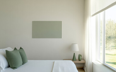 Fototapeta premium Minimalist bedroom with soft green accents and natural light in a serene setting