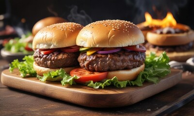 Beef burger on a barbecue flame grill with a side salad and a warm bread roll , salad, fast food, culinary arts