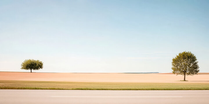 Two trees stand alone in a vast open landscape under a clear blue sky