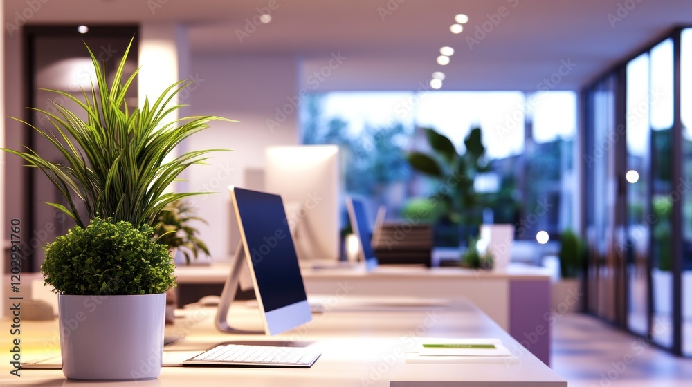 Poster modern office workspace with plants and computers