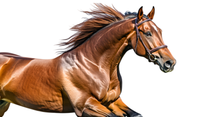 A graceful horse in mid-gallop, mane flowing and muscles detailed, taking up 80 percent of the picture on a transparent background 