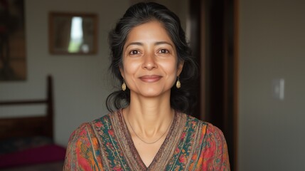 A woman with a green and orange dress is smiling