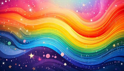 A colorful abstract background with wavy rainbow stripes, soft gradients, and floating playful elements like stars, hearts, and circles.
