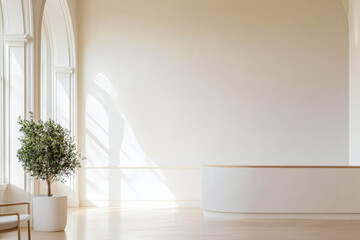 Modern interior design with natural light and greenery in a minimalist space