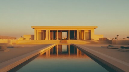 Desert Pavilion Reflecting Sunset Golden Hues