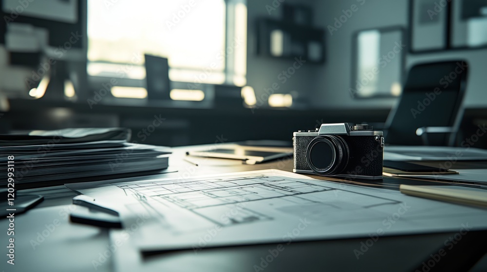 Poster camera rests on architectural blueprints in a modern office