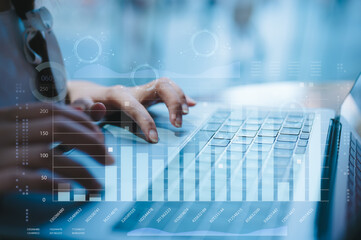Fototapeta premium Data analysis concept Businesswoman typing on computer analyse business data charts working with virtual data charts, Devops software developer operation work with agile as programer development
