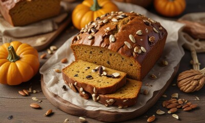 Autumn-inspired pumpkin bread featuring a generous helping of toasted sunflower seeds, textured surface, autumn baking