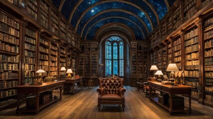 Naklejka premium A majestic library with star ceiling and vintage furniture create a magical realm