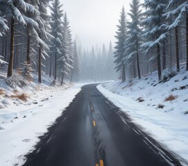 Obraz premium Asphalt road in the winter forest is covered in a layer of fresh snow, snowy scenery, forest on road