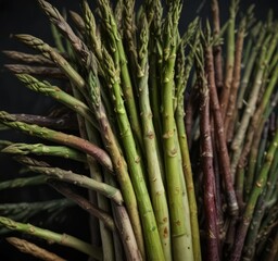 Obraz premium Asparagus spears in a bunch with varying lengths and colors, asparagus bunch, vegetable bunch, green veggies