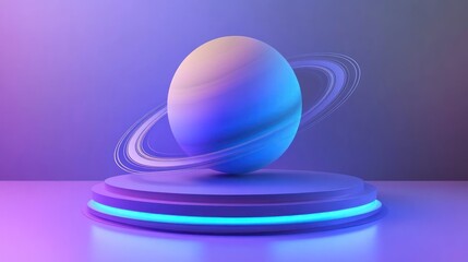 Abstract Planet with Rings on a Neon Stage