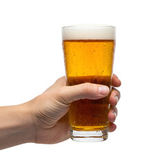 Cropped image of male hand holding glass of lager foamy beer isolated over transparent background. drink. Concept of alcohol, drink, party, degustation, holiday. Copy space for ad