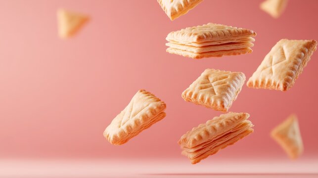 Contemporary Purim Aesthetic Floating Hamantaschen Layers on Rose Background - Stylish Baking and Confectionery Display for Seasonal Festivities and Marketing