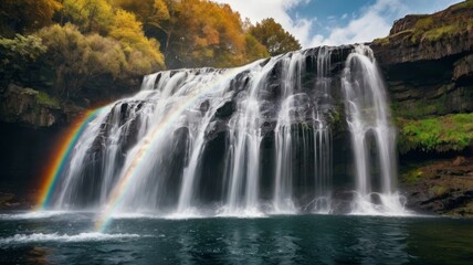 Obraz premium Majestic Waterfall with a Vibrant Rainbow in Autumn Forest Setting