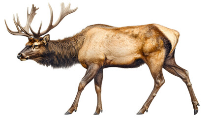 Fototapeta premium A majestic elk with its antlers extended upward, filling 75 percent of the picture with a serene pose on a transparent background 