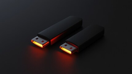 Glowing USB drives on dark surface, data transfer