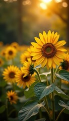 Rustic sunflowers, fading blooms, autumn leaves, warm light, picture, background image