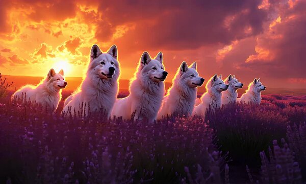 A group of adorable white wolfs in the flower field at sunset