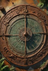 Obraz premium Ancient sundial with intricate carvings and engravings in a mystical rusty algae, marine life, mystical atmosphere, weathered metal