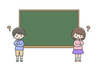 黒板の前で考え事をする男の子と女の子