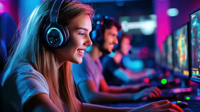 A woman is playing a video game with her friends