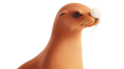 A playful sea lion balancing an invisible ball on its nose, occupying 60 percent of the frame with a lively expression on a transparent background 
