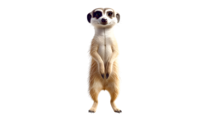 A quirky meerkat standing upright on hind legs, occupying 55 percent of the frame with detailed fur and an inquisitive expression on a transparent background 