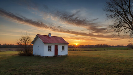 Fototapeta premium A Fantastic Serene Countryside Sunset with Rustic Houses.